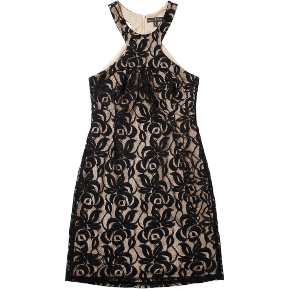Alexia Admor Black Floral Lace Halter Cocktail Dress Nude Lining Small